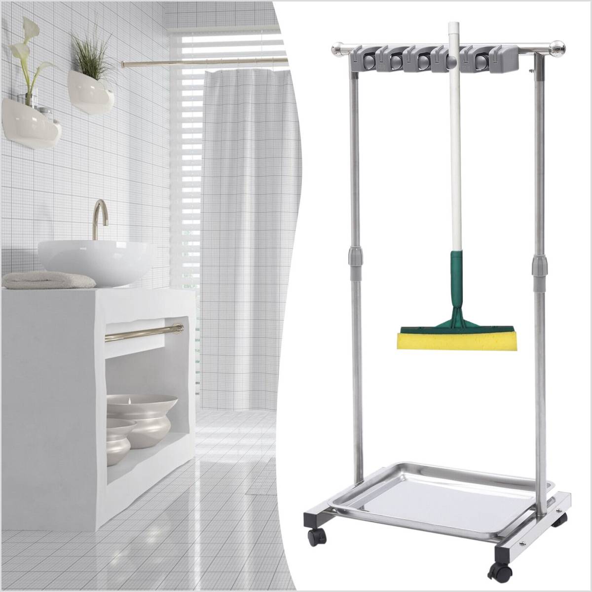 6Hook Standing Cleaning Tool Rack Mops Movable Broom Holder Stainless
