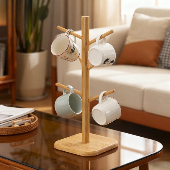 6-Hook Wooden Mug Tree Stand - Coffee Cup Holder Rack for Kitchen Counter, Mug Storage Organizer, Cafes Home Kitchen Decor Accessory, Sturdy Display Stand for Mugs Tumblers Drinkware, 6*6*13in, Khaki