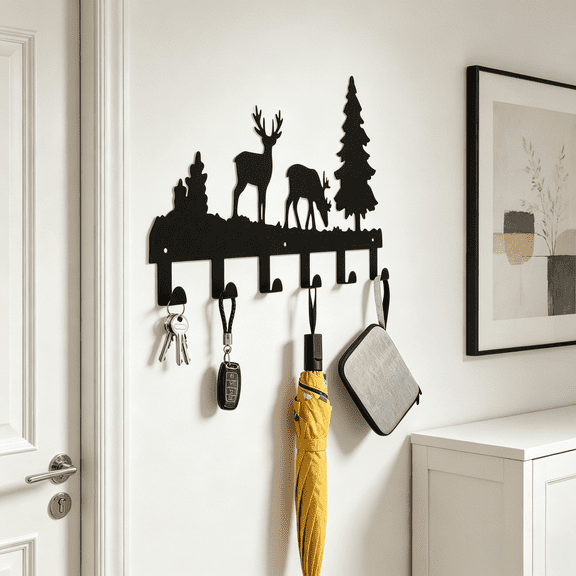 6 Hooks Matte Black Wall Rack 13In Forest Animal Deer Moose Pine Tree Iron Mounted Coat Hat Towel Hanger Entryway Bathroom Kitchen Heavy Duty Rustproof No Drill Adhesive Quick Install Rustic Cabin