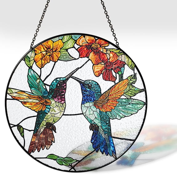 6" Hummingbirds Stained Glass Suncatchers Art Glass Birds for Sun Catcher Indoor Window Gifts for Pet Animal Nature Floral Lovers Women Grandma Mom Friend Painted Panel Dcor BIRD-06B-SG6