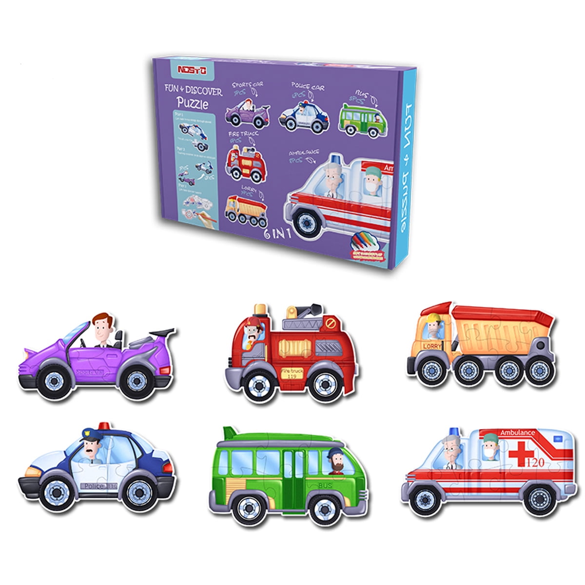 6 IN 1 Coloring Jigsaw Kids Puzzle with 10 Markers - Vehicle - Walmart.com