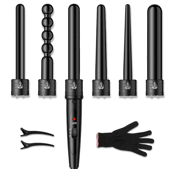 6-IN-1 Curling Iron Professional Curling Wand Set Instant Heat Up Hair Curler with 6 Interchangeable Ceramic Barrels (0.35'' to 1.25'') with Heat Protective Glove & 2 Clips