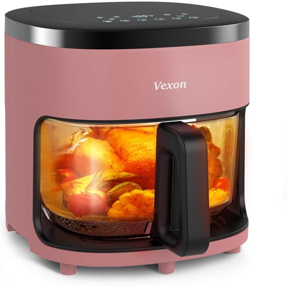 6-IN-1 Glass Air Fryer 4.5QT with Viewing Glass Pot Air Fry Dehydrate Air Crisp Technology Nonstick & Dishwasher Safe Basket 97% Less Oil Features Digital Timer Pink