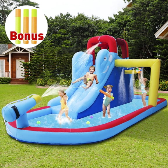 6 IN 1 Inflatable Bounce House Water Slide Fun Playhouse with Splash Pool,Climbing Wall,Basketball Hoop,Water Guns,Air Blower Backyard Indoor Outdoor