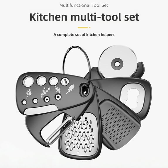 6 IN 1 New Stackable Kitchen Gadgets 6 Pieces Melon Grater Herb Cutter Garlic Grinder Can Opener