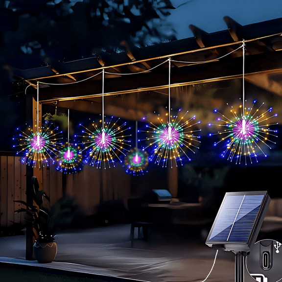 6-IN-1 Solar Hanging Firework Lights 540 LED Solar Powered Outdoor Sparkling Starburst Sphere Lights 8 Modes Fairy Light For Patio