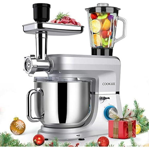 6-IN-1 Stand Mixer, 8.5 Qt. Multifunctional Electric Kitchen Mixer with Beater, Whisk, Dough Hook, Meat Grinder and Other Accessories for Most Home Cooks, SM-1507BM, Silvery