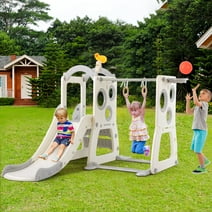 6 IN 1 Toddler Freestanding Slide for Kids with Basketball Hoop, Climbing Ladder, Horizontal bar, Telescope, Hanging Rings