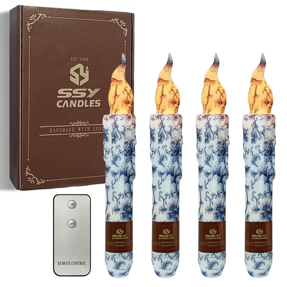 6 INCH Flameless Candle Blue-and-white porcelain Pattern LED Taper Candles for Weddings Home Decoration