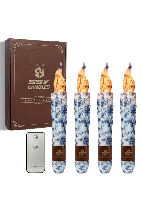 6 INCH Flameless Candle Blue-and-white porcelain Pattern LED Taper Candles for Weddings Home Decoration