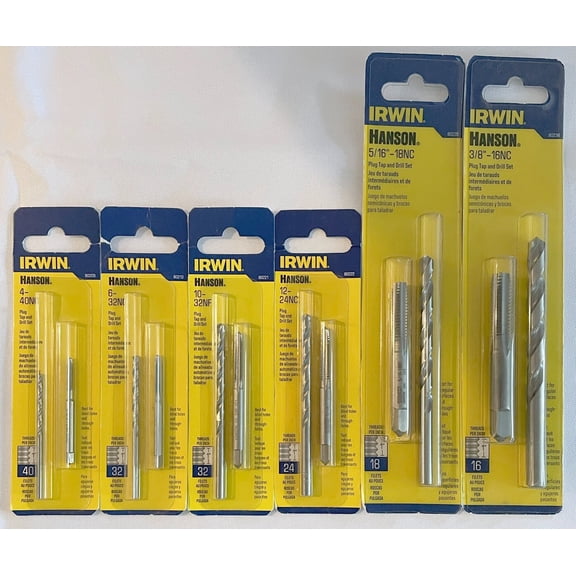 6 IRWIN HANSON PLUG TAP AND DRILL BIT SETS (6 CARDS - 12 TOTAL PIECES)
