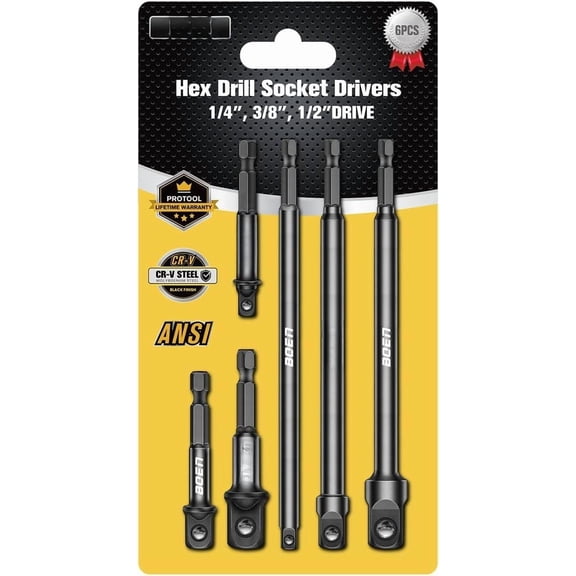 6- Impact Grade Socket Set, 3-Inch & 6-Inch Hex Shank Extension Bit, 1/4", 3/8", and 1/2" Drive, Adapt Your Power Drill To High Torque Impact Wrench