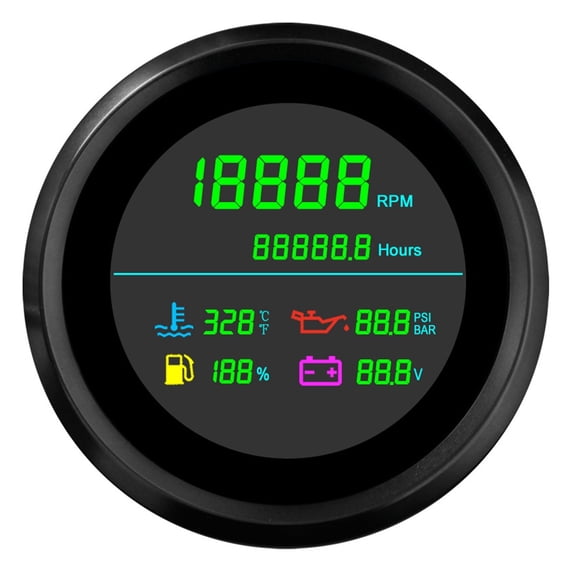 6 In 1 85mm LCD Multi-Function Tachometer Fuel Gau Water Temperature Oil Pressure Voltmeter Hour Meter For Boat Car
