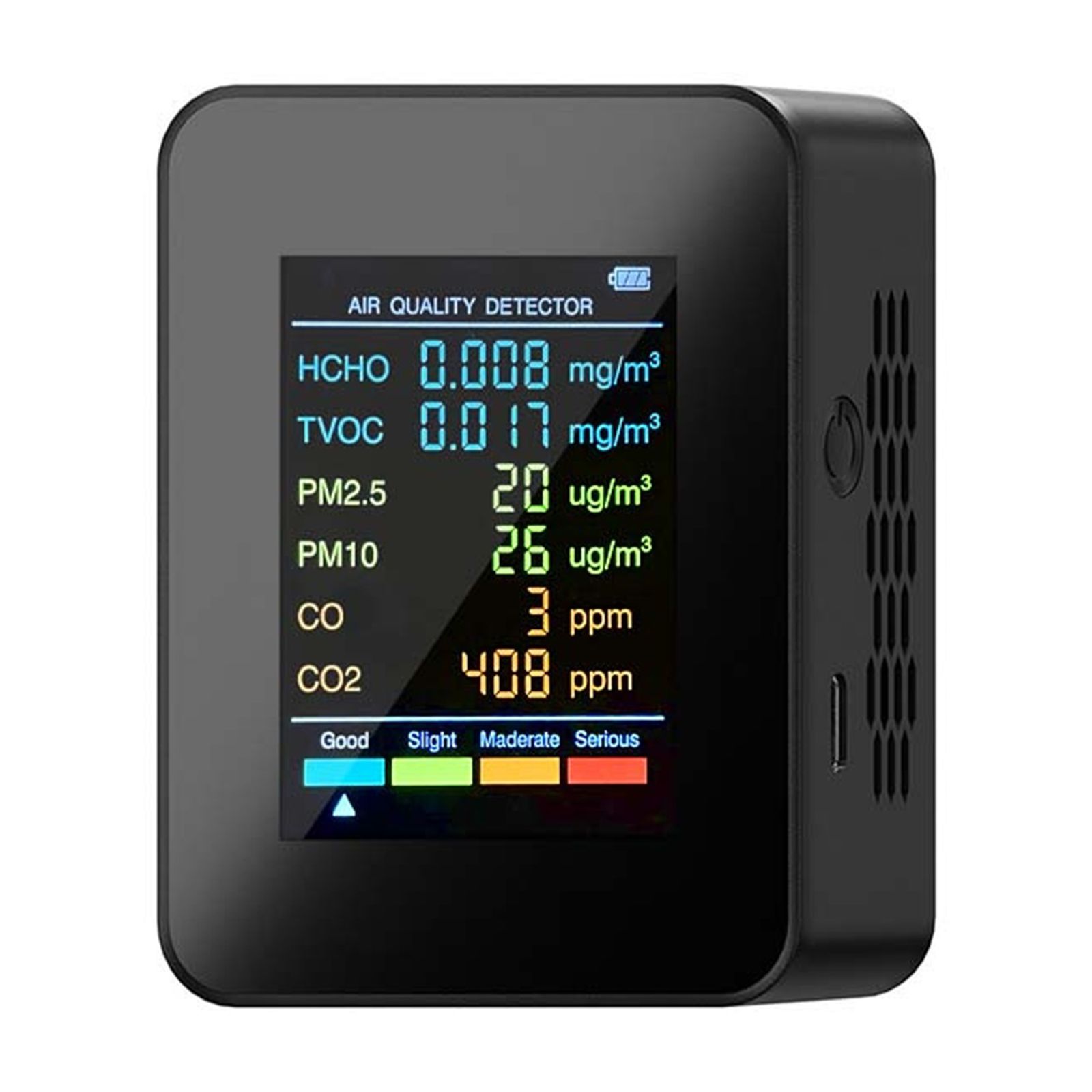 Détecteur Qualité Air 6 En 1 - CO2, PM2.5, TVOC, HCHO, Température, Humidité - Écran Couleur, USB