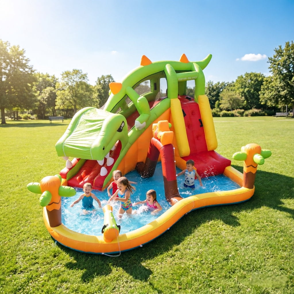 Inflatable Dinosaur Water Slide for Kids Ages 3-12, Backyard Water Park with Climbing Wall & Splash Pool, Blow Up Water Slide for Outdoor Summer Fun & Parties