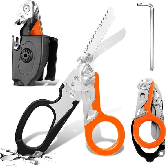 6 In 1 Emergency Shears, Stainless Steel Foldable Trauma Shears with Strap Cutter and Glass Breaker, Outdoor Camping Tools (Black, Orange)