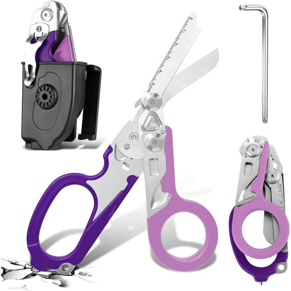 6 In 1 Emergency Shears, Stainless Steel Foldable Trauma Shears with Strap Cutter and Glass Breaker, Outdoor Camping Tools (Purple)