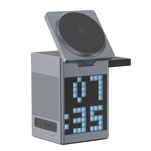 6 in 1 Magnetic Wireless Charger Stand With Speaker & Alarm Clock for MagSafe Smartphones Smartwatches & Earbuds-Grey