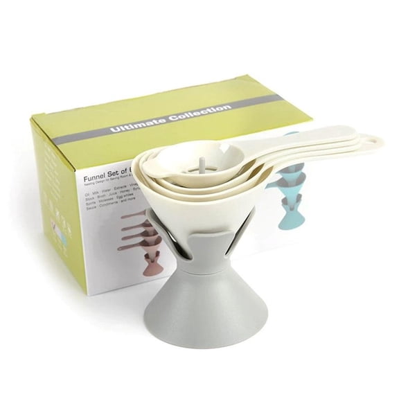 6-In-1 Plastic Kitchen Funnel Set with Egg White Separator for Oil Milk and Juice, Compact Nesting Design in Pink Gray or Blue