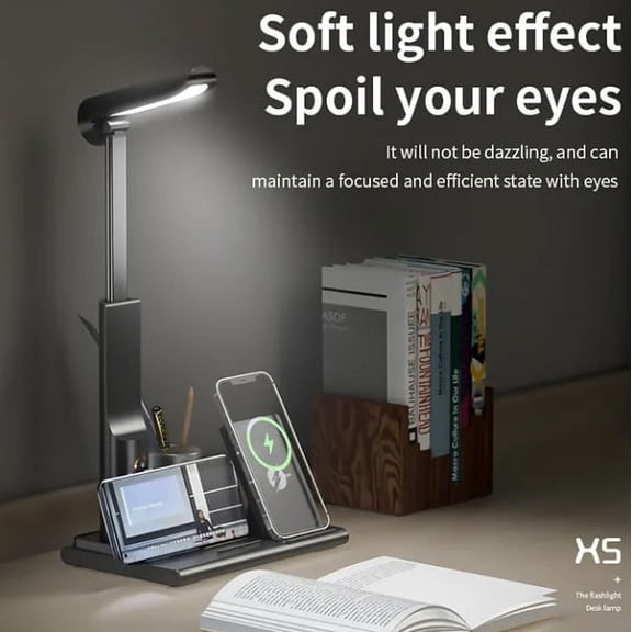 6 In 1 Multifunctional Wireless Charger LED Desk Lamp with Pen Holder and 3 color modes - Black