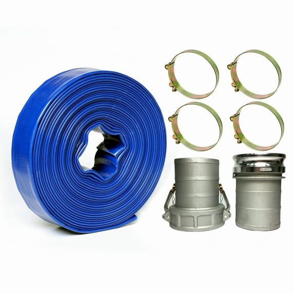 6" In Dia x 100 ft Heavy Duty Flat Lay Sump Pump Discharge and Backwash PVC Hose 4 Bar & Camlocks and Clamps