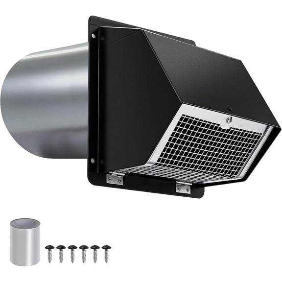 6-In Galvanized Steel Dryer Vent Cover, Pest-Proof Outside Wall Vent with Hood, Screen & Damper for Dryer, Kitchen, Bathroom & AC, Black