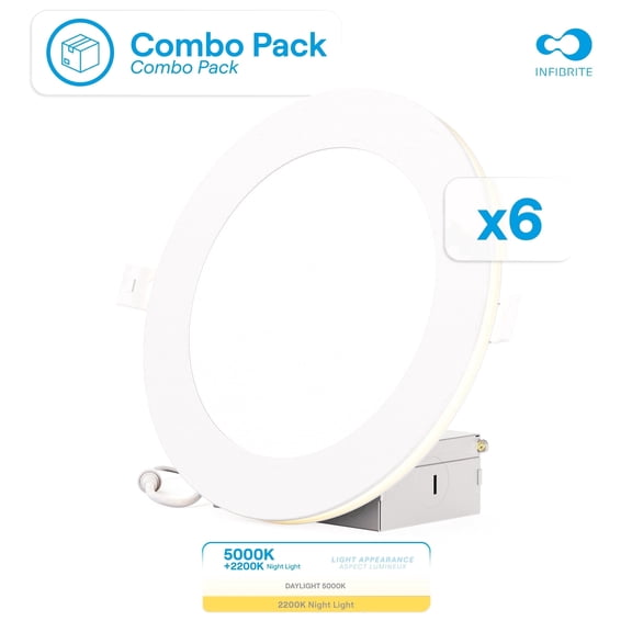 Infibrite 6” LED Light Fixture with Night Light, Dimmable Slim Ceiling Recessed Downlight, Daylight, 6 Pack