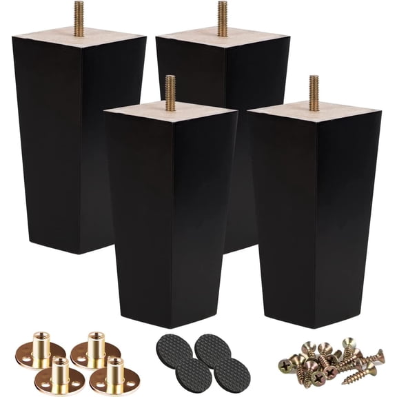 6 Inch / 15cm Solid Wood Furniture Legs, Btowin VCF 4Pcs Black Mid-Century Modern Wooden Pyramid Replacement Feet with Threaded 5/16''Hanger Bolts & Mounting Plate & Screws for Sofa Couch Chair