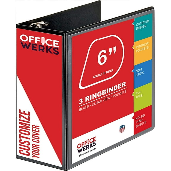 6 Inch 3 Ring Binder with Locking Angle D Rings, Professional Heavy Duty Large Storage Pockets, Fits 8.5 x 11 Sheets, Non-Stick Clear View Cover, Customizable,