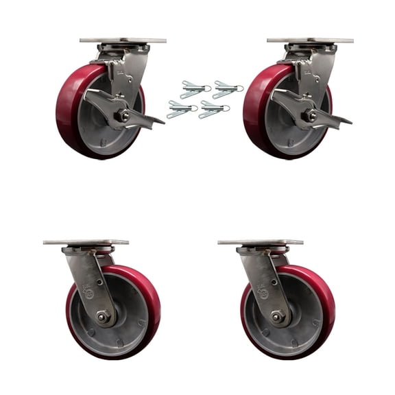 6 Inch 316SS Poly on Aluminum Caster Set w/Ball Bearings 4 Swivel Locks 2 Brakes