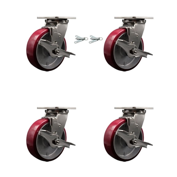 6 Inch 316SS Poly on Aluminum Caster Set w/Roller Bearings 4 Brake 2 Swivel Lock