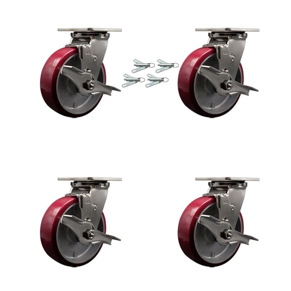 6 Inch 316SS Poly on Aluminum Caster Set with Ball Bearings & Brake/Swivel Lock