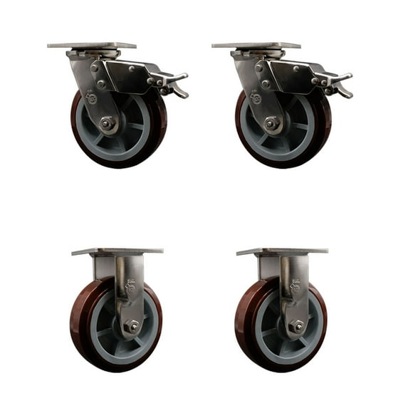 6 Inch 316SS Polyurethane Caster Set with Roller Bearings 2 Brakes 2 Rigid SCC