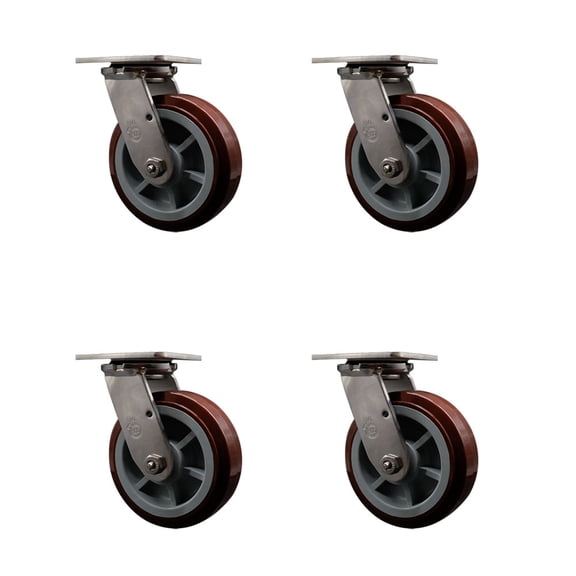 6 Inch 316SS Polyurethane Wheel Swivel Caster Set with Roller Bearings SCC