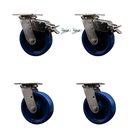 6 Inch 316SS Solid Poly Caster Set with Delrin Bearings 2 Swivel Locks 2 Brakes