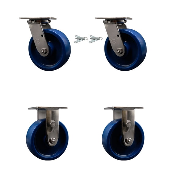 6 Inch 316SS Solid Poly Caster Set with Delrin Bearings 2 Swivel Locks 2 Rigid