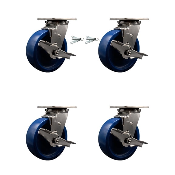 6 Inch 316SS Solid Poly Caster Set with Delrin Bearings 4 Brakes 2 Swivel Locks