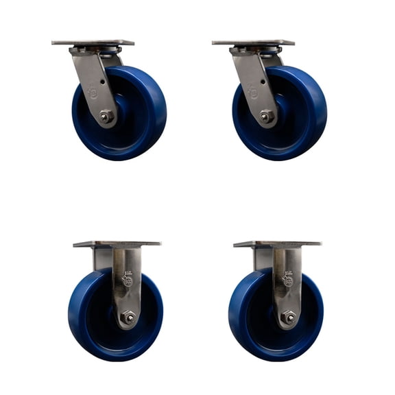 6 Inch 316SS Solid Poly Caster Set with Roller Bearings 2 Swivel 2 Rigid SCC