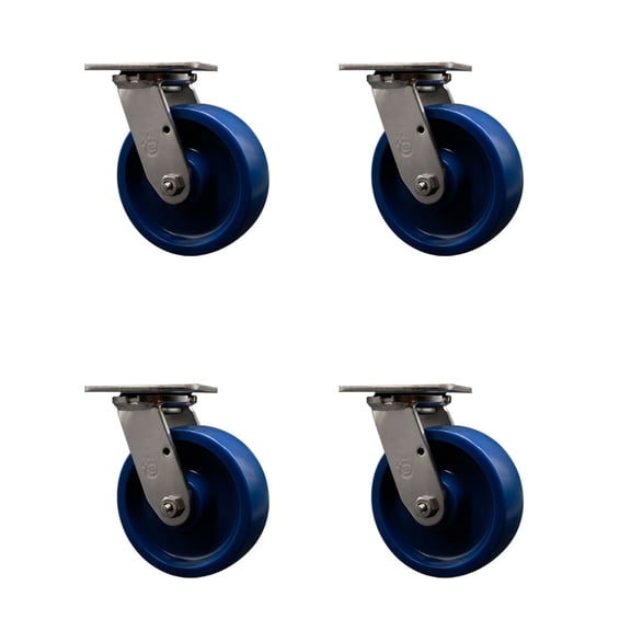 6 Inch 316SS Solid Polyurethane Wheel Swivel Caster Set with Delrin Bearings SCC