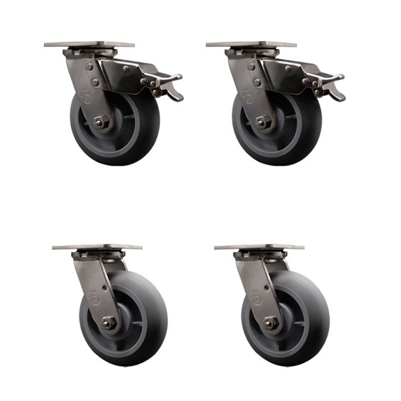 6 Inch 316SS Thermo Donut Tread Swivel Caster Set with Roller Bearings 2 Brakes