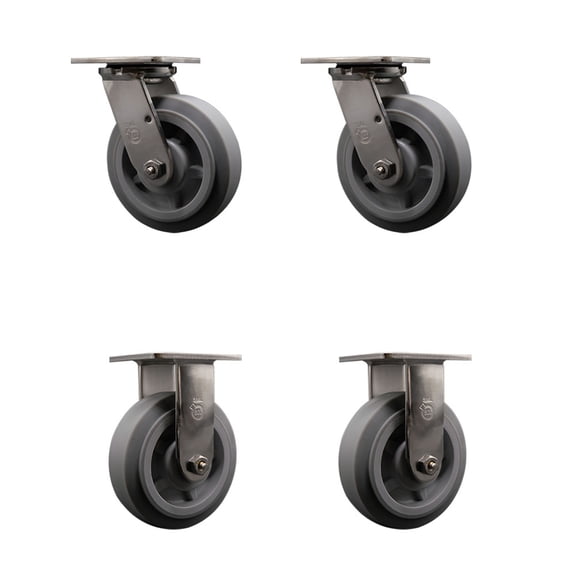 6 Inch 316SS Thermo Rubber Flat Tread Caster Set w/Ball Bearings 2 Swvl 2 Rigid
