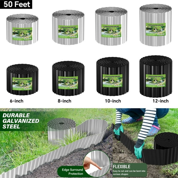 6 Inch 50 FT Garden Landscape Edging Border Galvanized Sturdy Metal Hemmed DIY Edging for Landscaping Lawn Flower Beds Patio Pathway Divider Design, Silver