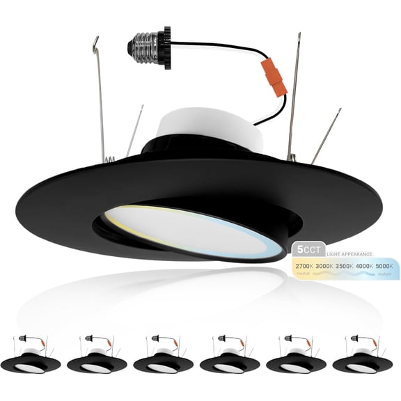 6 Inch 6 Pack Black Trim Retrofit Gimbal LED Recessed Downlight, High Lumen, 1200lm, 16W, Selectable 5CCT 2700K/3000K/3500K/4000K/5000K Dimmable, Adjustable Lens Eyeball Light, ETL Listed