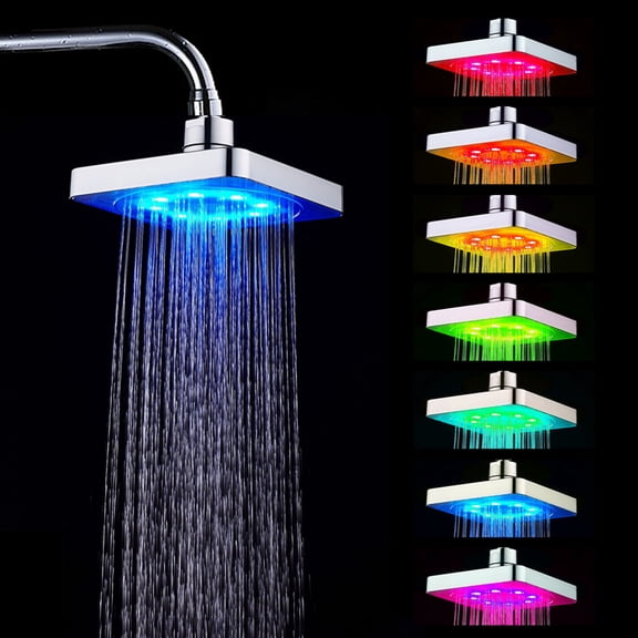 6 Inch 7 Colors LED Changing Showerhead High Pressure Rain Bathroom Top Spray Water Powered Waterfall Romantic Overhead Shower Spray Head for Relaxing Bath