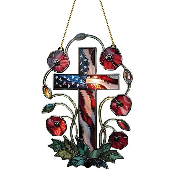 6 Inch Acrylic Patriotic Cross Stained Glass Window Hanging Decor 4th of July Cross with Flowers Acrylic Suncatcher Window Panel Ornaments for Independence Day Memorial Day Home Wall Decor