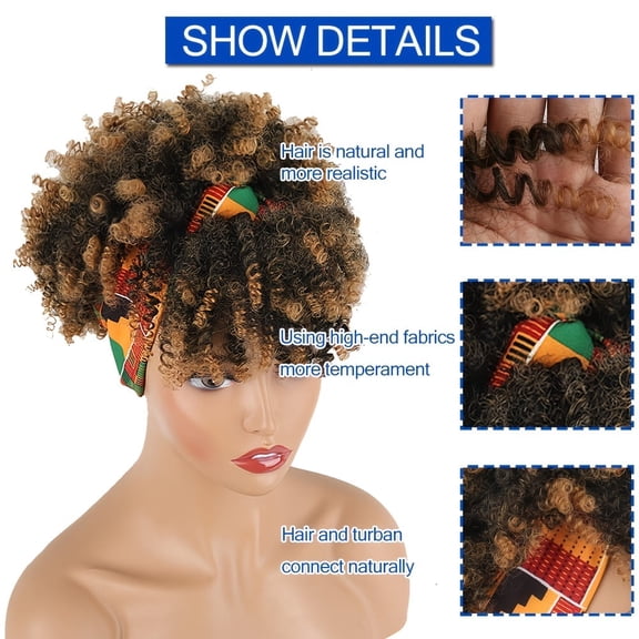 6 Inch Afro Curly Wig with Colorful Headband - Short Curly Synthetic Wig for Black Women, Heat - Resistant Fiber, Rose Net Cap, Black/Brown Curly Ponytail Wig