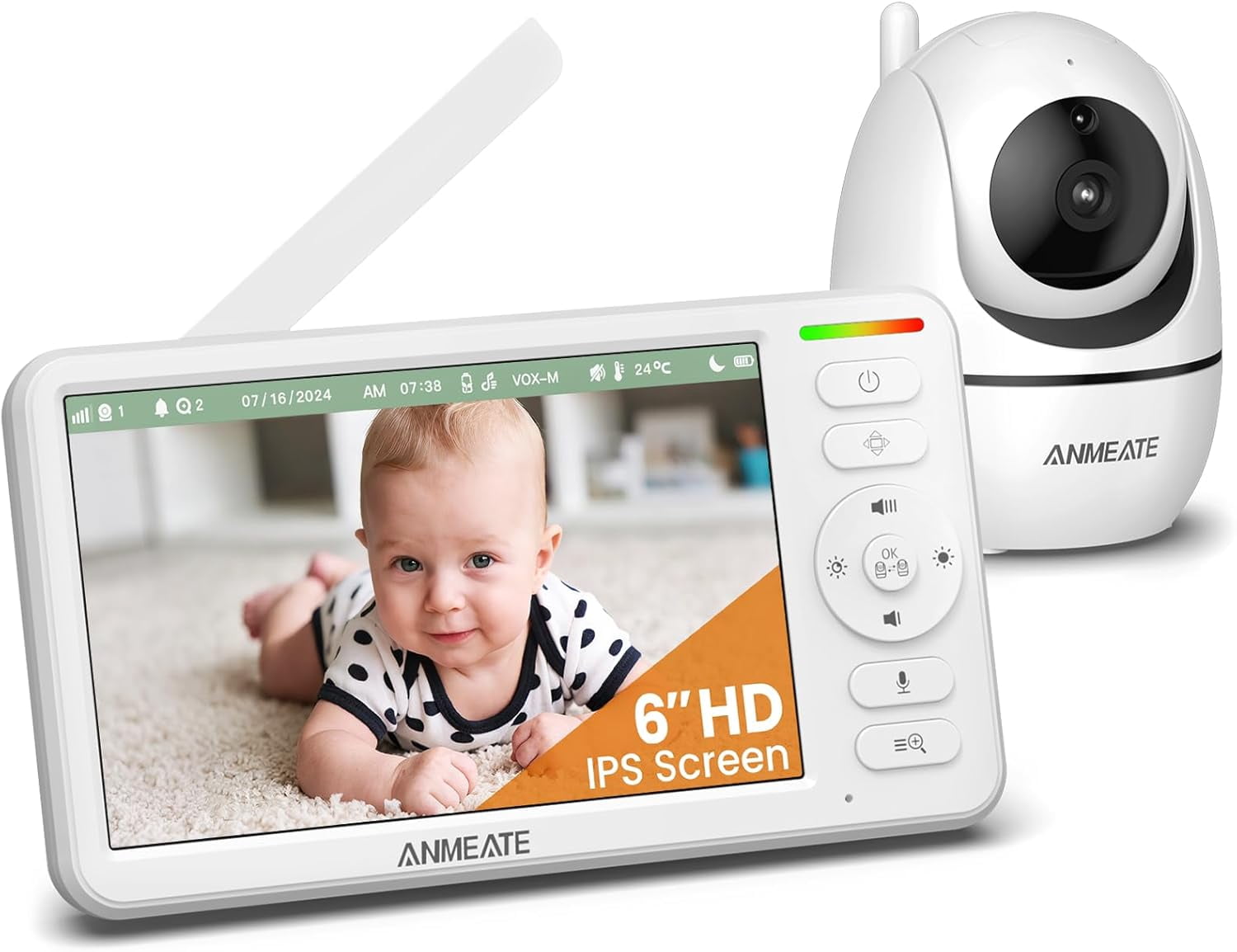 6 Inch Baby Monitor with Camera and Audio - No WiFi, 48-Hour Battery, Thermal Sensor, Remote Pan/Tilt/Zoom, Two-Way Talk, Lullabies&White Noise, 1000ft Range