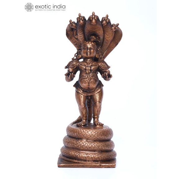 6 Inch Bal Krishna on Kaliya Naag Copper Victory Sculpture - Divine Childhood