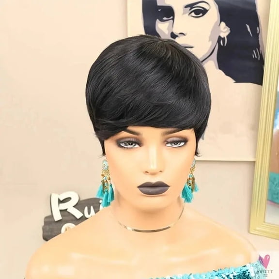 6 Inch Black/1b27 Color, Machine Made Human Hair Wigs for Women - Short Straight Pixie Cut Human Hair Wigs