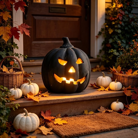 6 Inch Black Halloween Jack O Lantern with LED Tea Light Candle, Resin Light Up Pumpkin Decor, Warm Glow for Indoor Tabletop Home Porch Trick Or Treat Halloween Party Decoration